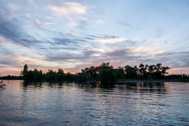 sakin nehir manzarası ve bulutlu arka planda ağaçlar, doğa konsepti
