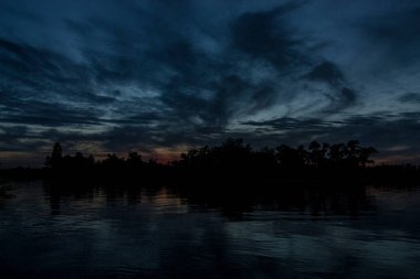 sakin nehir manzarası ve bulutlu arka planda ağaçlar, doğa konsepti