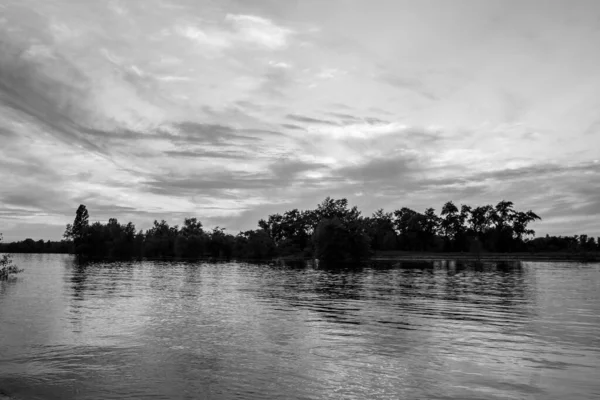 sakin nehir manzarası ve bulutlu arka planda ağaçlar, doğa konsepti