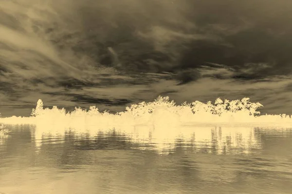 sakin nehir manzarası ve bulutlu arka planda ağaçlar, doğa konsepti