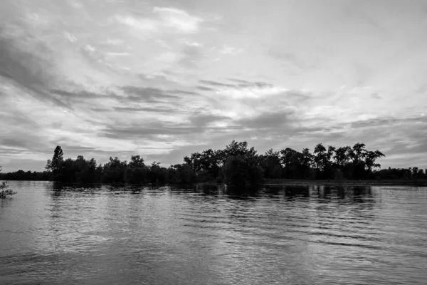 sakin nehir manzarası ve bulutlu arka planda ağaçlar, doğa konsepti