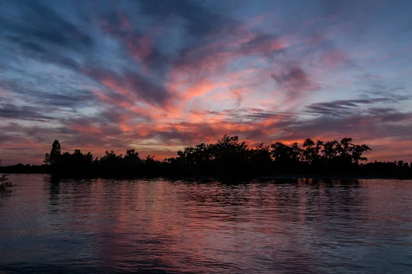sakin nehir manzarası ve bulutlu arka planda ağaçlar, doğa konsepti