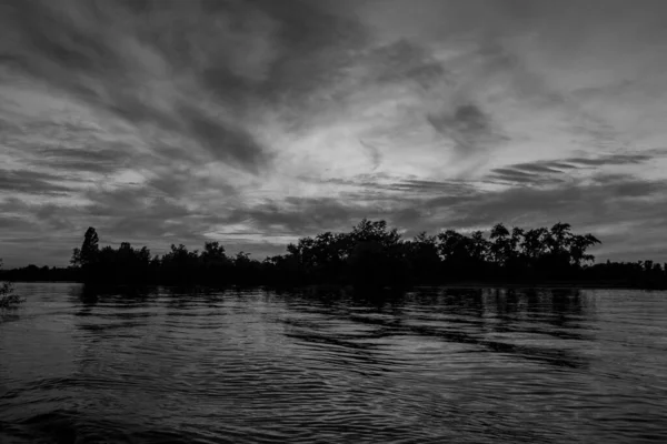 sakin nehir manzarası ve bulutlu arka planda ağaçlar, doğa konsepti