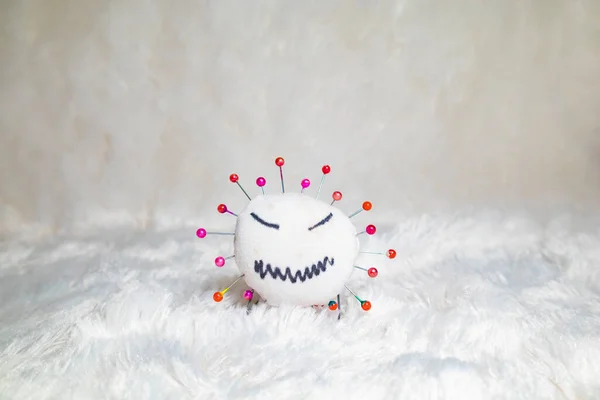 Corona virus doll made from sock and needles. Fun activity with kids at home. Recycling used socks. — Stock Image Corona Virus Doll Made Sock Needles Fun Activity Kids Home Royalty Free Stock Photos