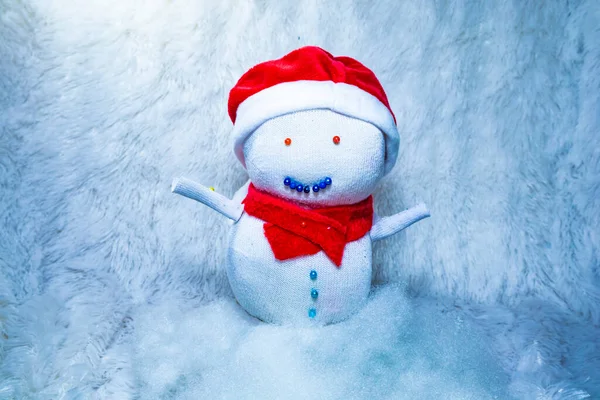 Snowman doll made from sock to celebrate Christmas. Fun activity with kids. Recycling used socks. — Stock Image Snowman Doll Made Sock Celebrate Christmas Fun Activity Kids Recycling Stock Photo