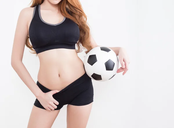 Cuerpo de mujer sexy con pelota de fútbol — Foto de Stock