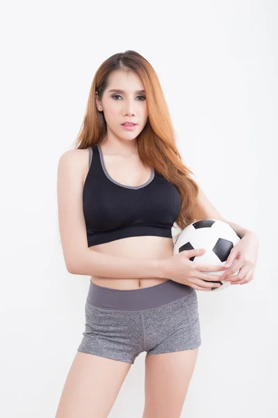 Jonge sexy vrouw met voetbal — Stockfoto