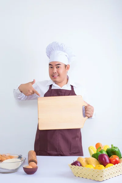 Portrét kuchaře držela ceduli — Stock fotografie
