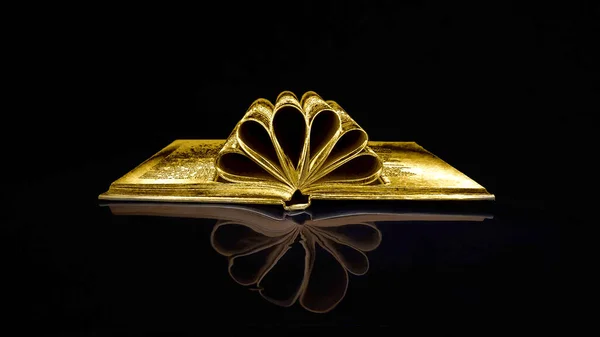 Livro Ouro Sobre Fundo Preto Com Reflexão Conhecimento Conceito Ouro — Fotografia de Stock