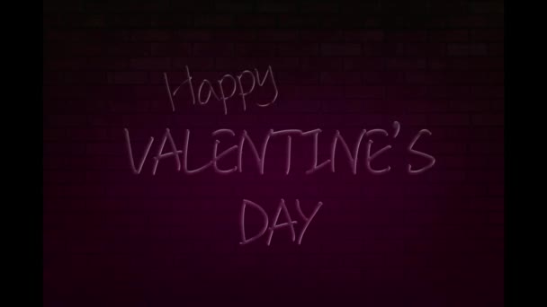 Happy Valentines Day Pink Neon Flashing Animation Brick Wall Background — Stock Video
