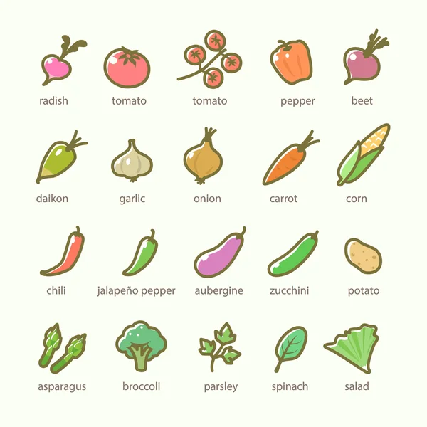 Ikonen für Gemüse und Gemüse — Stockvektor