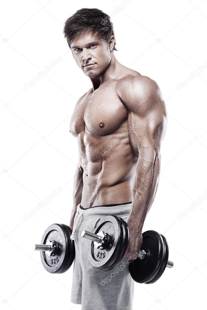 Muscular bodybuilder guy doing exercises with big dumbbell