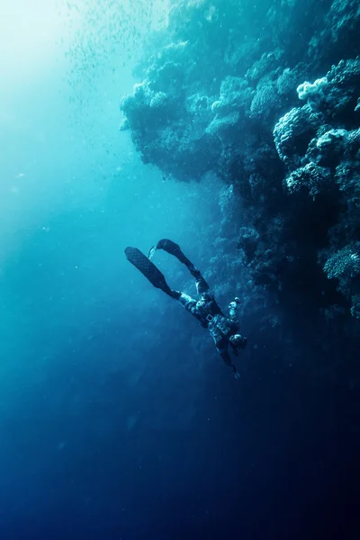 海でフリーダイバーの泳ぎ — ストック写真