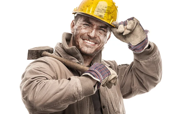 Dirty Worker Man With Hard Hat helmet — Stock fotografie