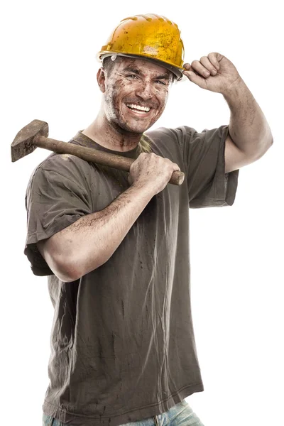 Dirty Worker Man With Hard Hat helmet — Stockfoto