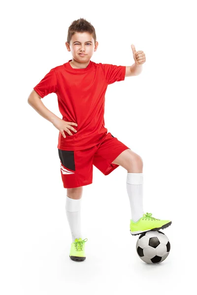 Standing young soccer player with football — Stock Photo, Image