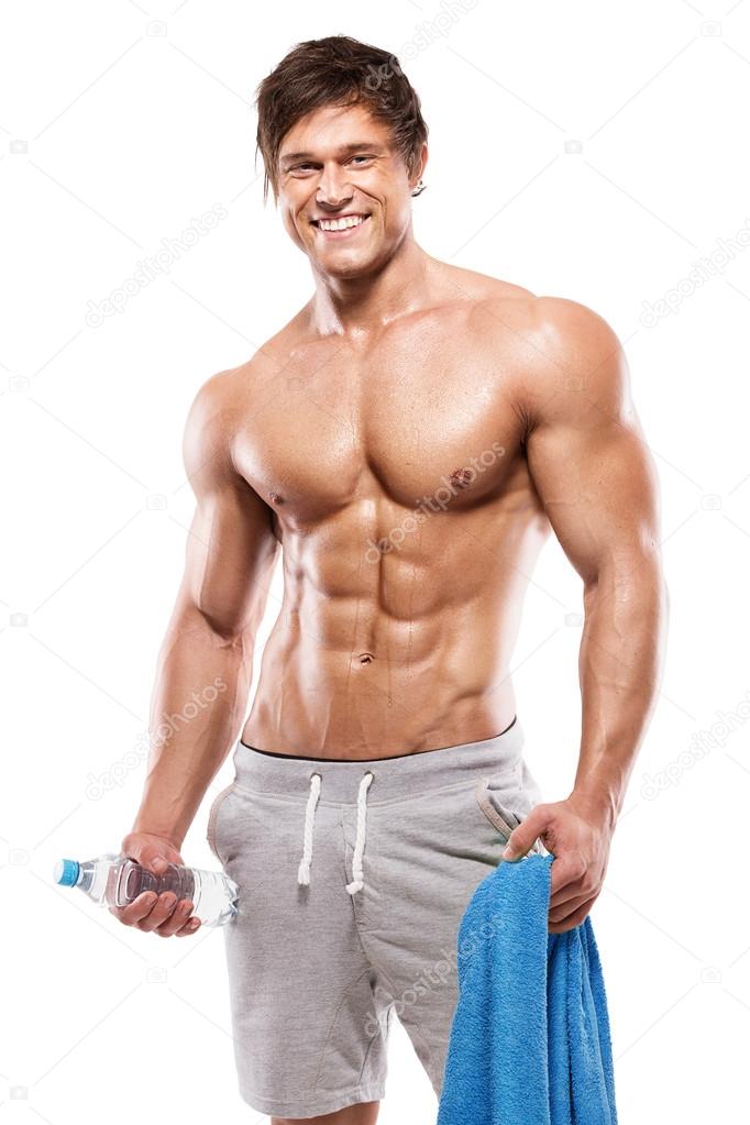 Strong Athletic Man  showing big biceps and abdominal muscles