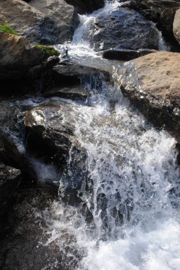 Kayalık bir nehirdeki şelalede su bir taştan diğerine akar.