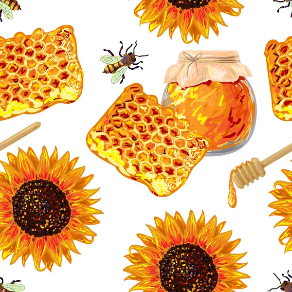 Sunflowers and honeycombs seamless pattern — Stock Vector