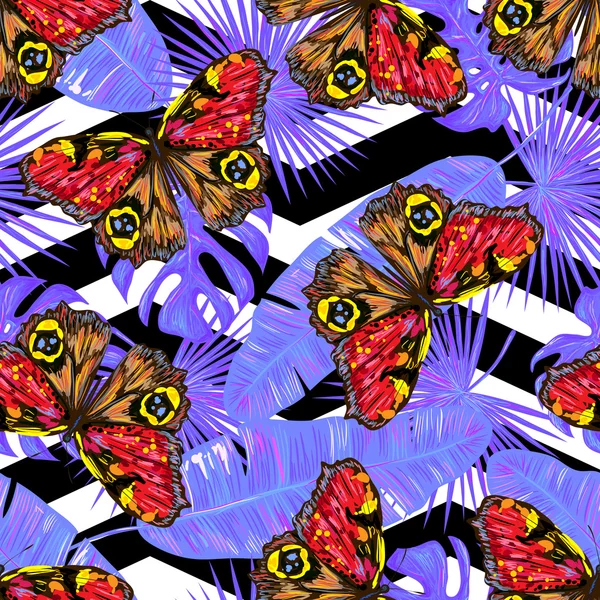 Patroon van vlinders en Palm bladeren. — Stockvector