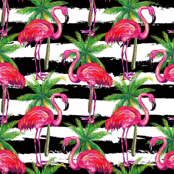 Egzotik pembe flamingo kuşlar ve palmiye ağaçları 