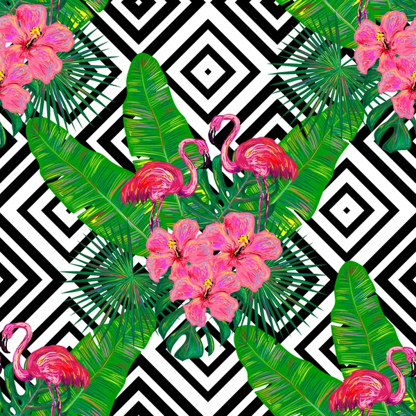 Motif tropical d'été avec flamant rose — Image vectorielle