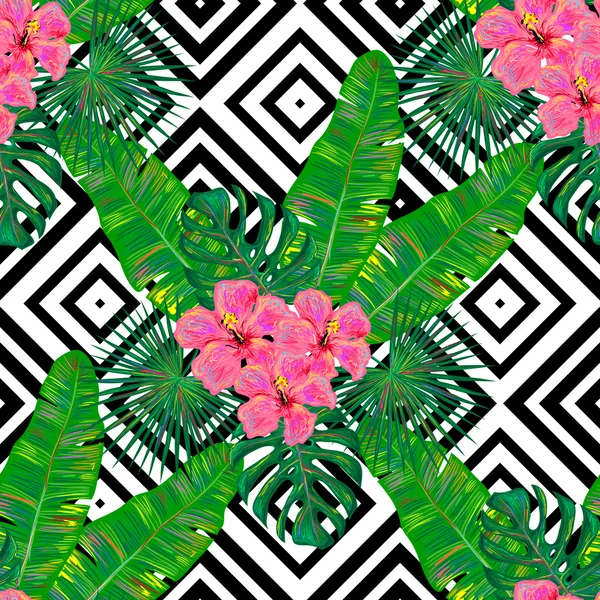 Patrón con flores tropicales y hojas de palma — Vector de stock