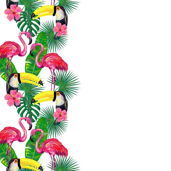 Dschungel-Muster mit Tukanvogel und Palmblättern — Stockvektor