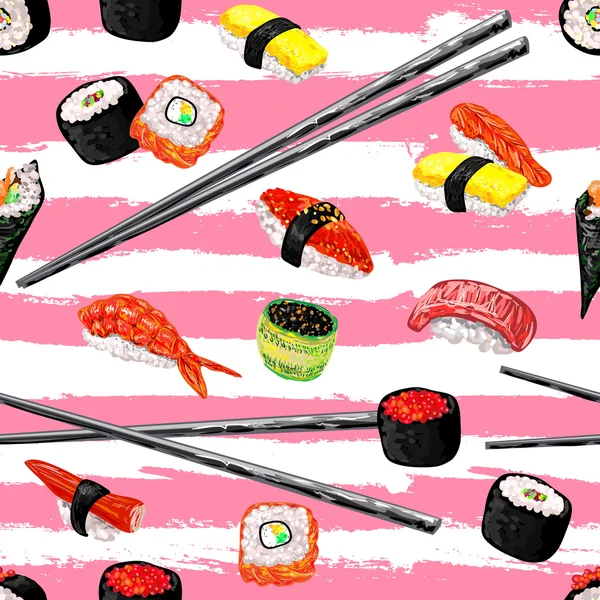 Modèle sans couture avec différents types de sushi — Image vectorielle