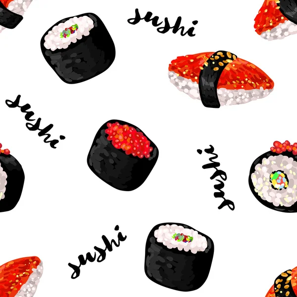 Modèle sans couture avec différents types de sushi — Image vectorielle