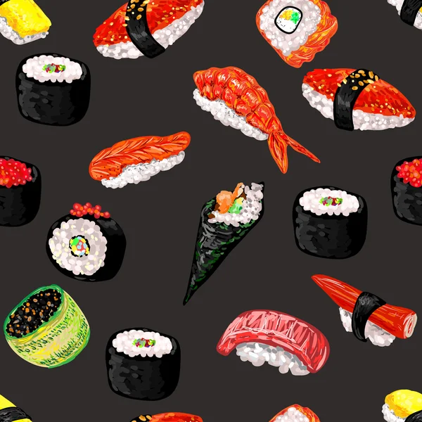 Modello senza cuciture con diversi tipi di sushi — Vettoriale Stock