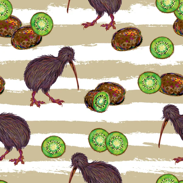 Bakgrund med kiwi fåglar och kiwifrukter — Stock vektor