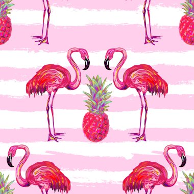 Flamingo ve ananas vektör arka plan ile Dikişsiz yaz tropikal desen. Duvar kağıtları, desen dolgular, web sayfası arka planlar, yüzey dokular, tekstil için idealdir. Flam vektör arka plan. Flamingo
