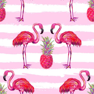 Flamingo ve ananas vektör arka plan ile Dikişsiz yaz tropikal desen. Duvar kağıtları, desen dolgular, web sayfası arka planlar, yüzey dokular, tekstil için idealdir. Flam vektör arka plan. Flamingo