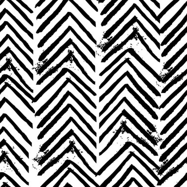 Grunge Vektör Chevron Strokes Çizgili Dikişsiz Desen. Canlı chevron geometrik çizgiler arka plan. Tekstil tasarımı, baskı, moda için el çizilmiş şeritler. Sıkıntı boyalı doku. Siyah beyaz