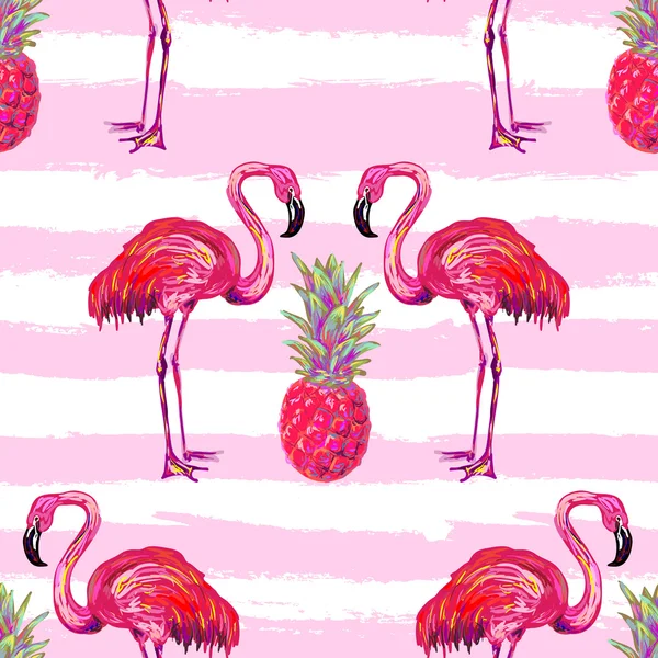Flamingo ve ananas vektör arka plan ile Dikişsiz yaz tropikal desen. Duvar kağıtları, desen dolgular, web sayfası arka planlar, yüzey dokular, tekstil için idealdir. Flam vektör arka plan. Flamingo