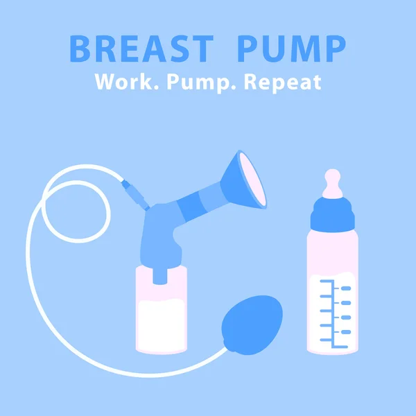 Breast pump to increase milk supply for breastfeeding mother and child feeding bottle with breast milk. Breastfeeding. Bottle for baby. Products for newborns babies. Work. Pump. Repeat. Flat vector — Stock Vector