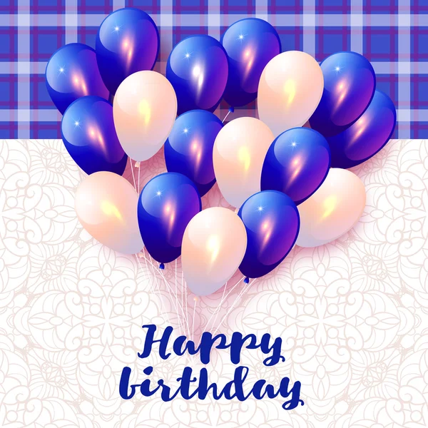 Vektor födelsedagskort med ballonger. Blå bakgrund. Grattis på födelsedagen text. Festa ballonger beröm — Stock vektor