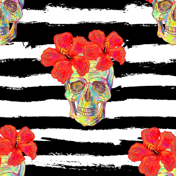 Naadloze patroon met schedels en hibiscus bloemen vector achtergrond. Perfect voor achtergronden, opvulpatronen, web pagina-achtergronden, oppervlakte texturen, textiel — Stockvector
