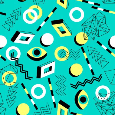 Seamless geometric pattern in retro 80s style. Doodle geometric shapes. Abstract vector background. Retro memphis design clipart