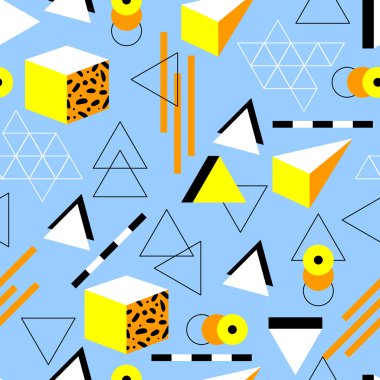 Retro 80s tarzında dikişsiz geometrik desen. Geometrik şekilleri karalama. Soyut vektör arka planı. Retro memphis tasarımı