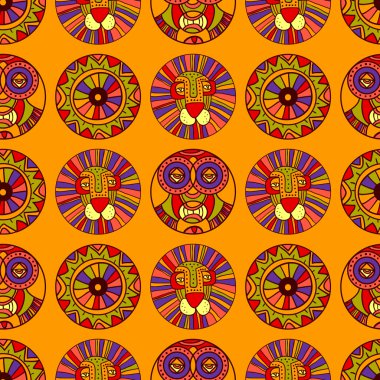 Aslan, Afrika maskesi, güneş tekerlek symb ile Seamless Afrika modeli