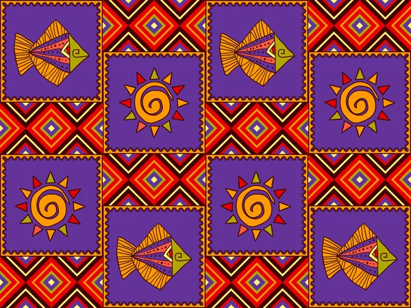 Patrón africano sin costuras con sol y peces. Arte africano. Étnico — Vector de stock