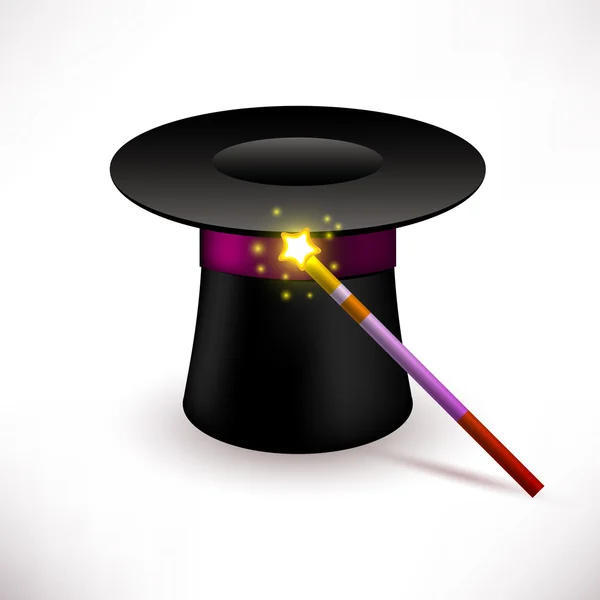 Chapeau cylindre magique avec baguette magique — Image vectorielle