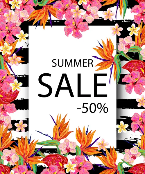 Sinal de venda de verão. Fundo com flores tropicais — Vetor de Stock
