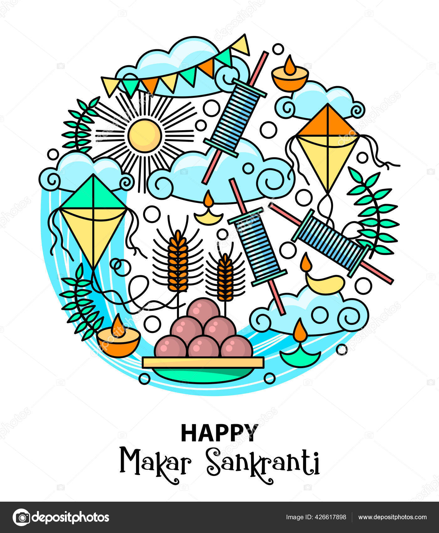 Makar Sankranti Kites Festival India Food Candels Sun Kite String Stock  Vector Image by ©artskvortsova #426617898