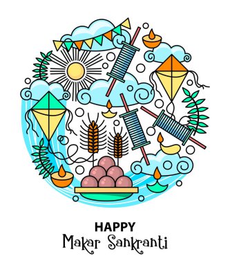 Makar Sankranti uçurtma festivali. Yemek, mum, güneş, uçurtma teli makaralı arka plan. Makar Sankranti kutlama vektörü çizimi