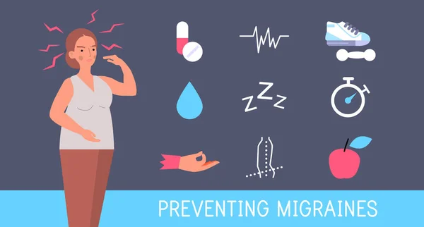 Migreni Önlüyor Migren Tedavi Simgeleri Ayarlandı Sağlık Tıbbi Bilgiler — Stok Vektör