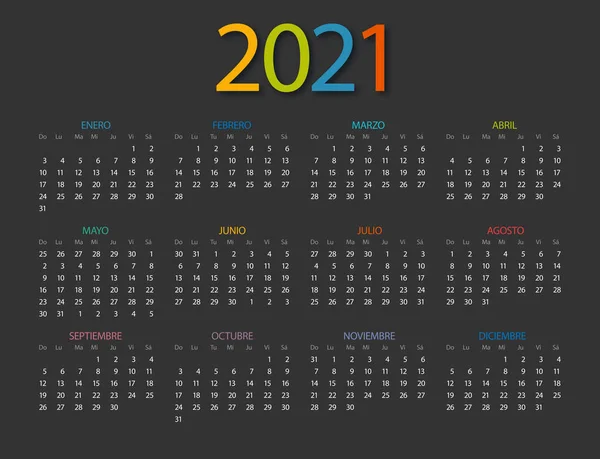 Calendario 2021 Español Sobre Fondo Blanco Calendario Colorido 2021 Año — Vector de stock
