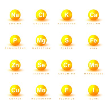 Mineraller. Makromineraller ve mikromineraller seti, koleksiyon. Na, CI, K, Ca, P, Mg, S, Fe, Zn, Se, Cr, Mn, Cu, Mo, F, I Beslenme illüstrasyonu. Beslenme unsurları. Ömür boyu mineral. Tıbbi geçmiş